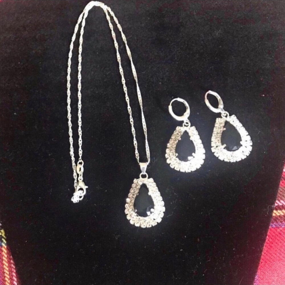 Sterling Silver Teardrop Crystal Necklace and Earrings Set